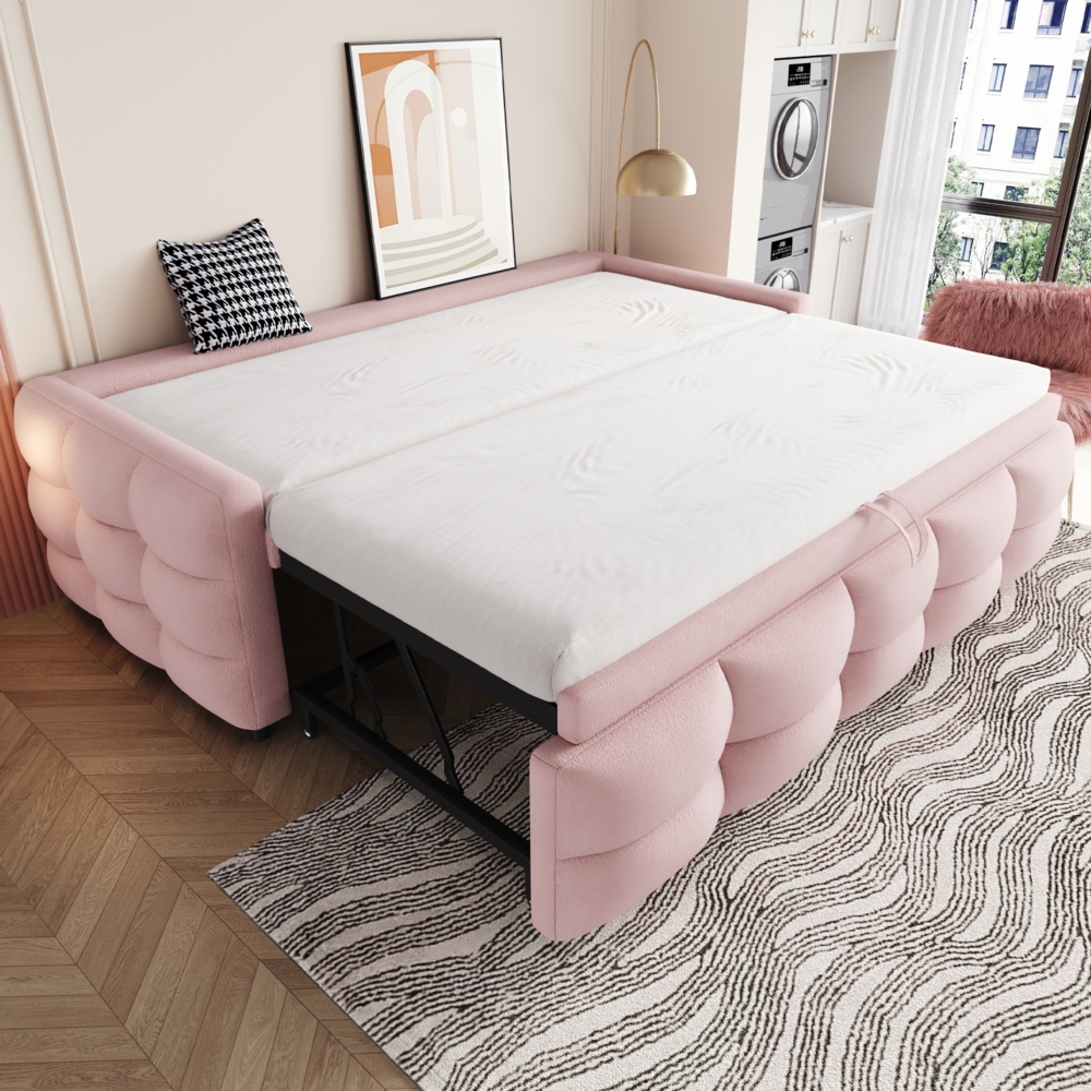 Merax Polsterbett Ausziehbares Schlafsofa 90/180*190cm, Puffbett, Teddy Samt Stoff, Einzelbett, Doppelbett, Mit Lattenrost, Multifunktionsbett, Rosa Bild 1