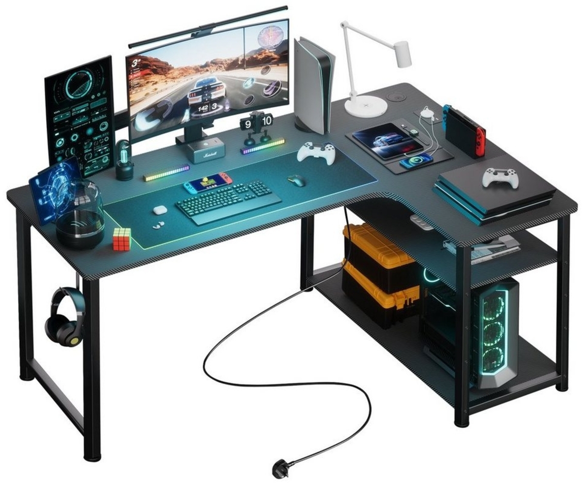 GTPLAYER Schreibtisch Gaming Tisch Eckschreibtisch mit Regal USB-Ladeanschluss und Steckdose (1 Tisch), 120cm Computertisch L Form, PC Tisch für Büro, Heimbüro Bild 1