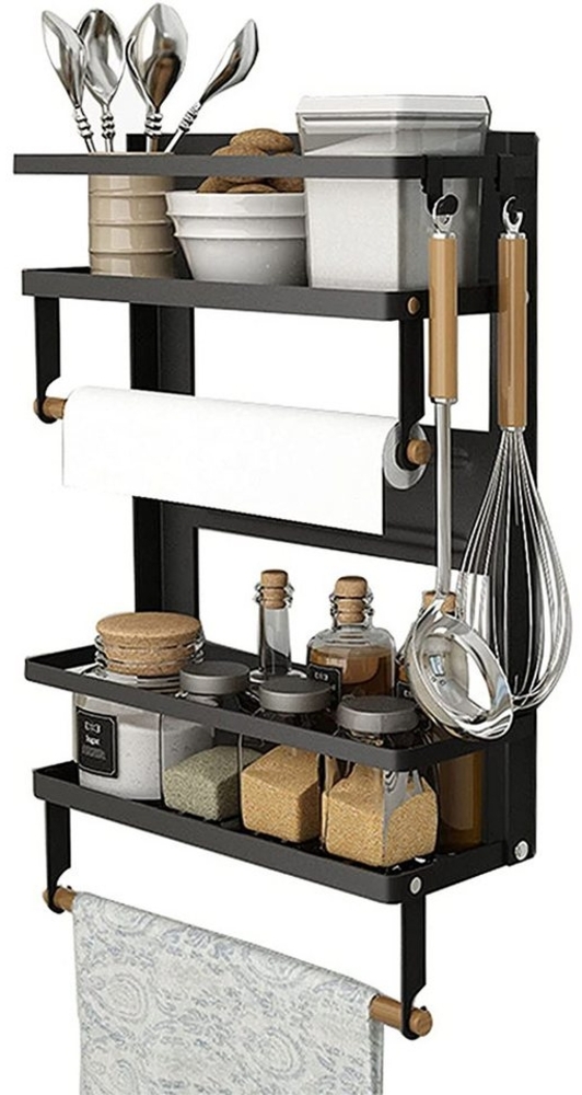 JEOBEST Küchenregal Gewürzregal Magnetisch Kühlschrank (Ohne Bohrung), 2 Etagen, mit Küchenrollenhalter und 4 Haken Bild 1