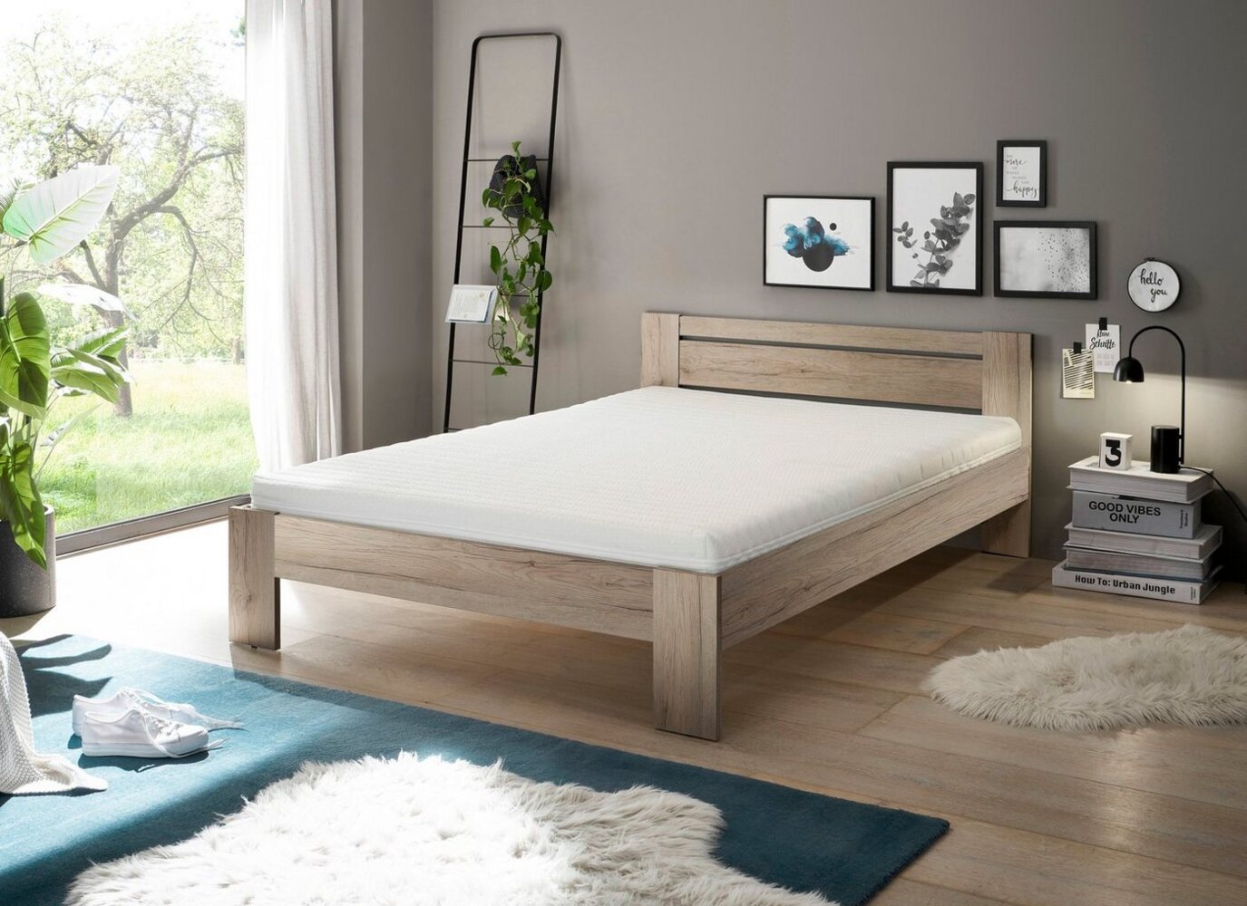 CANNES Futonbett 140x200 cm - Minimalistisches Jugendzimmer Doppelbett in Eiche San Remo Optik - 145 x 71 x 204 cm (B/H/T) Bild 1