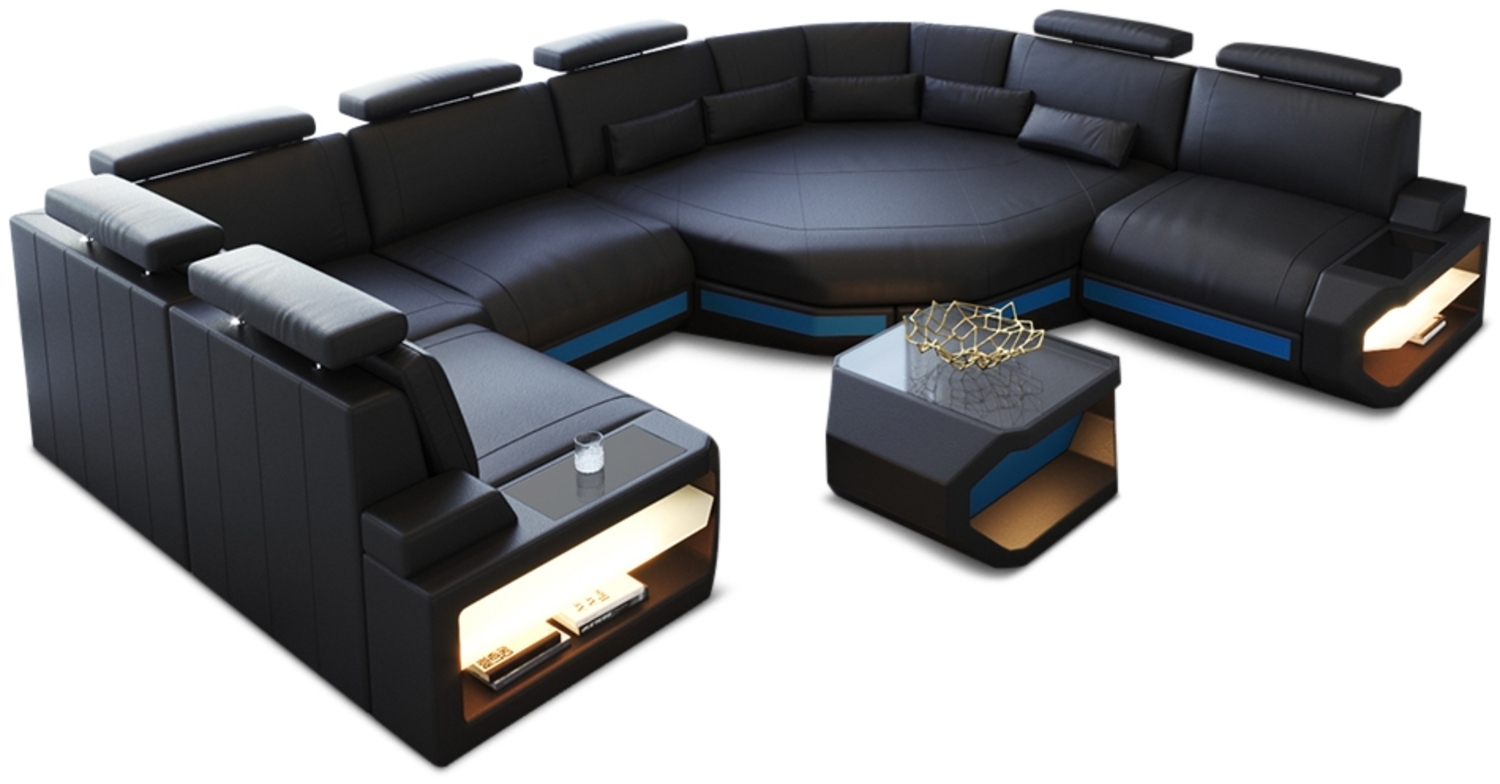 Sofa Dreams 'Mini Asti U' Wohnlandschaft, 93 x 280 x 352 cm, Schwarz / Blau, Ledermix, Rechts Bild 1