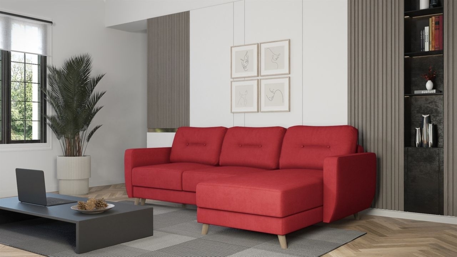 Ecksofa mit Schlaffunktion MARLIES Stoff Opera Velvet Rot Ottomane Rechts Bild 1