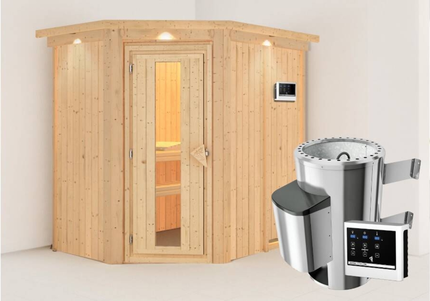 Karibu Sauna Caspin + 3,6kW Saunaofen mit ext. Steuerung Easy Bild 1