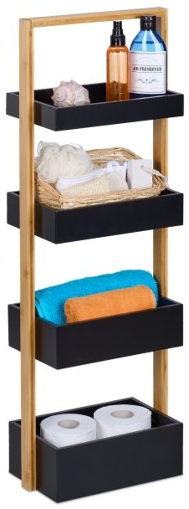 Relaxdays Badregal mit 4 Ablagen, Bambus schwarz / natur, 30 x 18 x 88 cm Bild 1