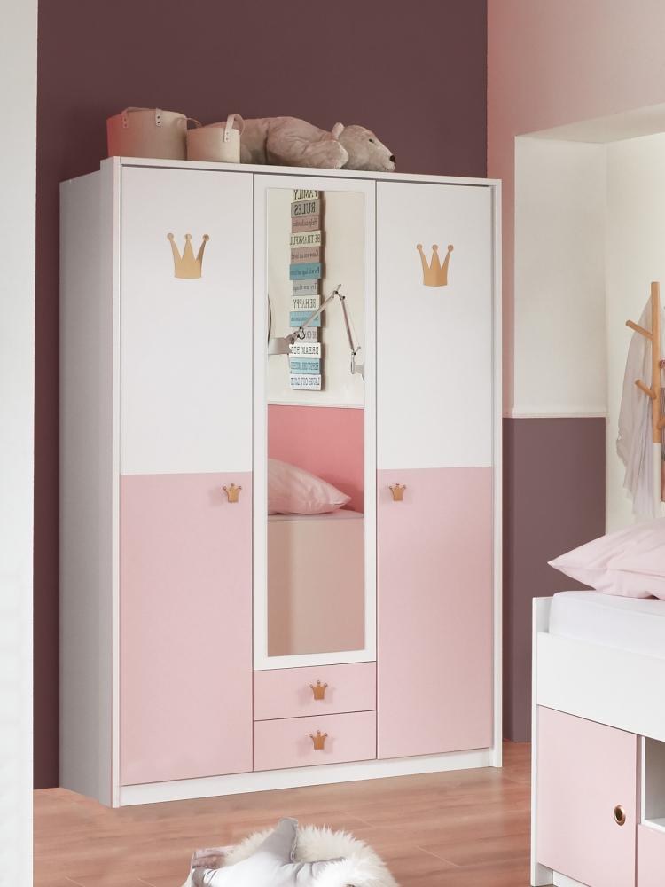 Kleiderschrank >CINDY2< (BxHxT: 139x199x58 cm) in WEISS + ABSETZUNGEN ROSE Bild 1