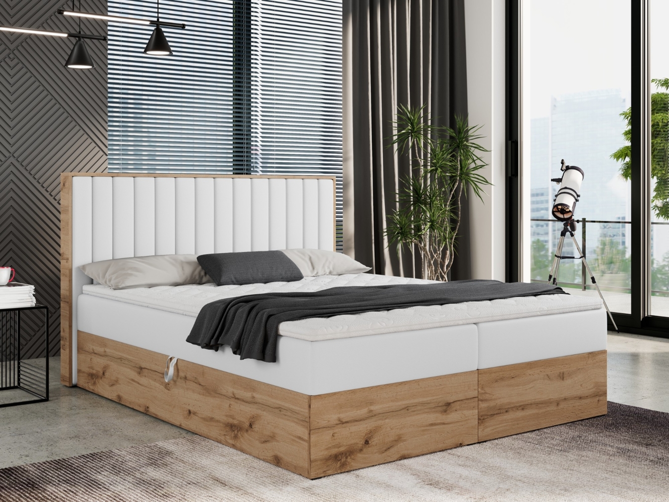 Boxspringbett mit dekorativem Kopfteil und zwei Bettkästen, Eiche Holzrahmen - ALBERO 4 - 200x200 cm - Weiß Kunstleder - H3 Bild 1