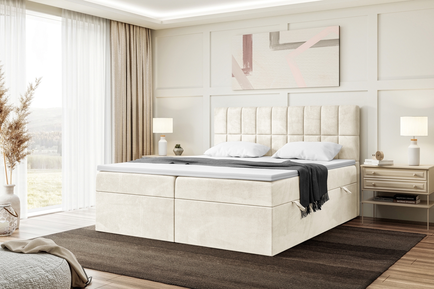 MEBLINI Boxspringbett LUKAS 200x220 cm mit Bettkasten - H4/Creme Samt Polsterbett - Doppelbett mit Topper & Taschenfederkern-Matratze Bild 1