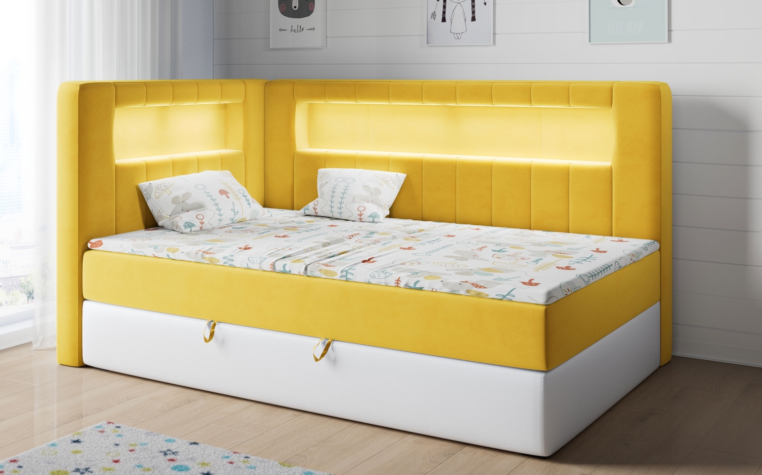 Boxspringbett mit LED, Einzelbett mit Bettkasten und Topper - JUNIOR GOLD 3 - 90x200 cm - Gelb und Weiß - Linke Seite Bild 1