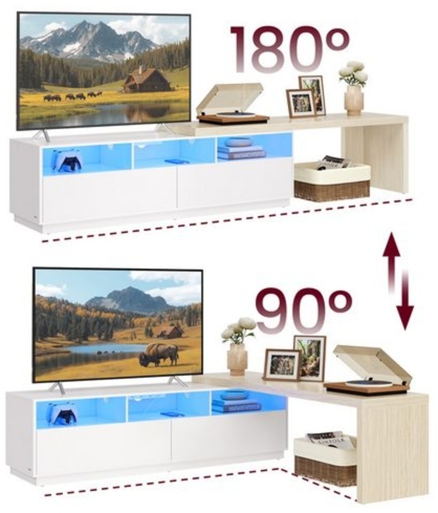 VASAGLE TV-Lowboard, verstellbare Länge 162-270 cm, Fernsehschrank in L-Form, 2 Schubladen, 3 offene Fächer, LED-Beleuchtung, Steckdosenleiste, Wohnzimmer, wolkenweiß-naturbeige Bild 1