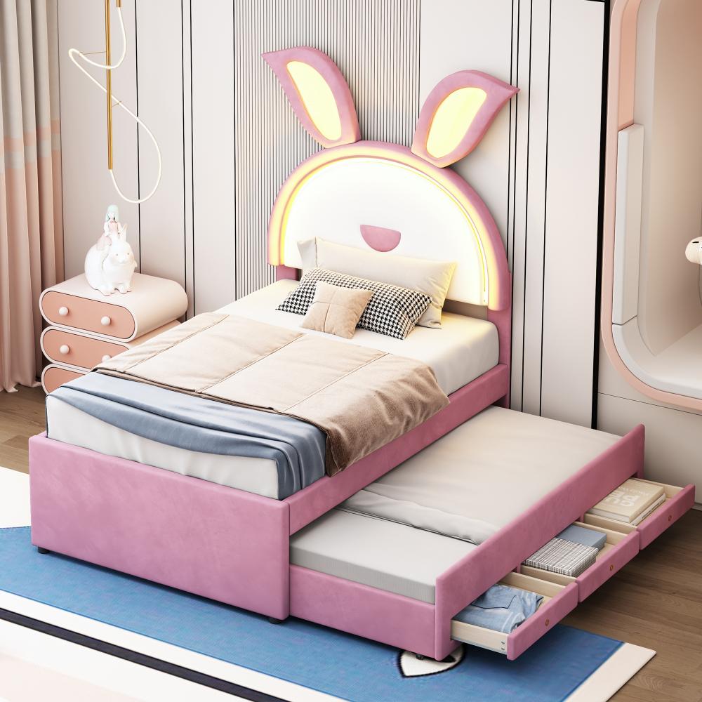 Merax Kinderbett Polsterbett 90 x 200 cm,Samtstoff Multifunktionales gepolstertes Einzelbett-Schlafsofa mit ausziehbarem Bett, Stauraumschublade und farbwechselndem LED-Licht, Rosa Bild 1