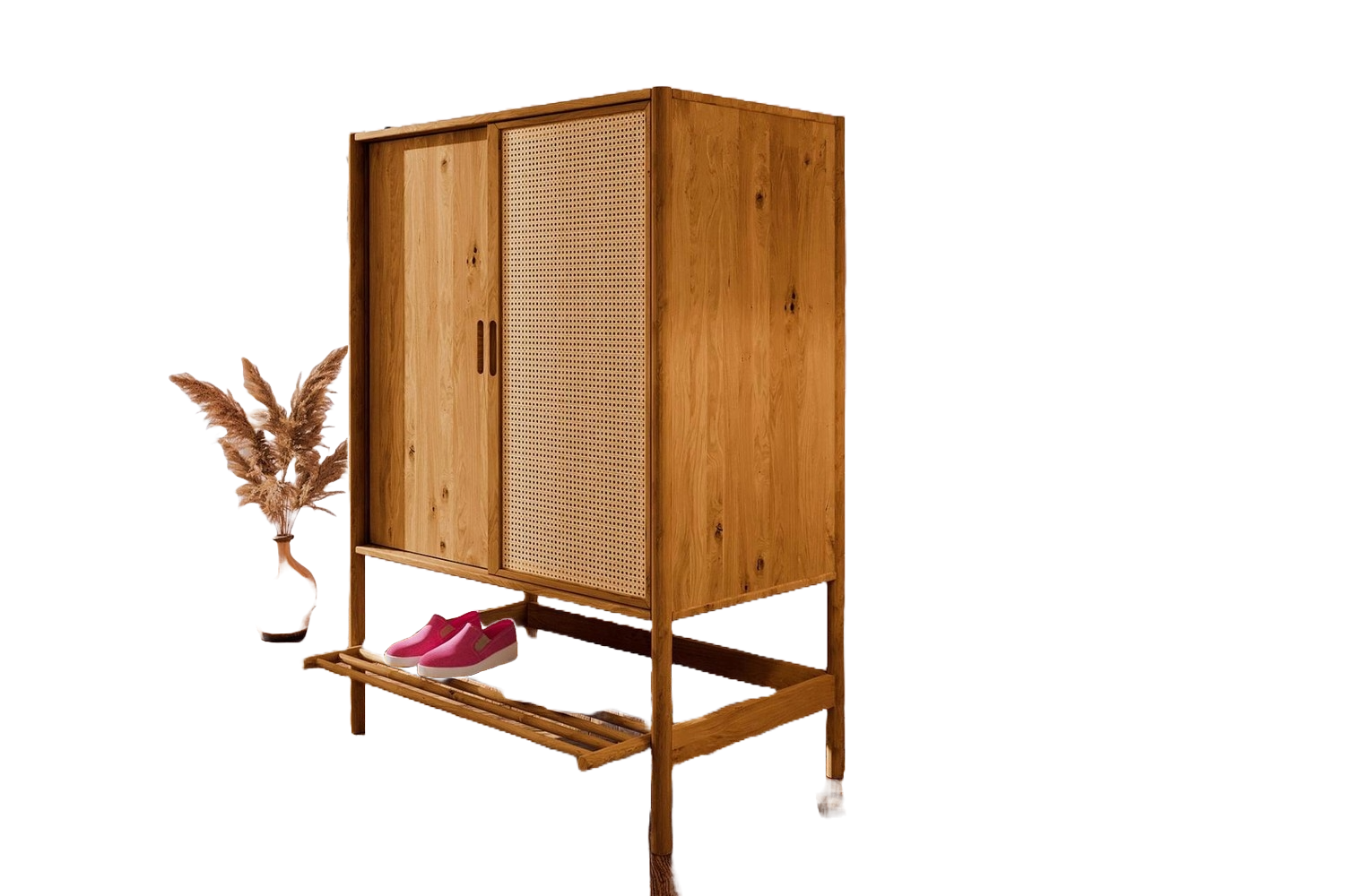 Garderobenschrank Zola Wildeiche massiv mit Rattan 108x150 Schiebetüren 1 Fach Bild 1