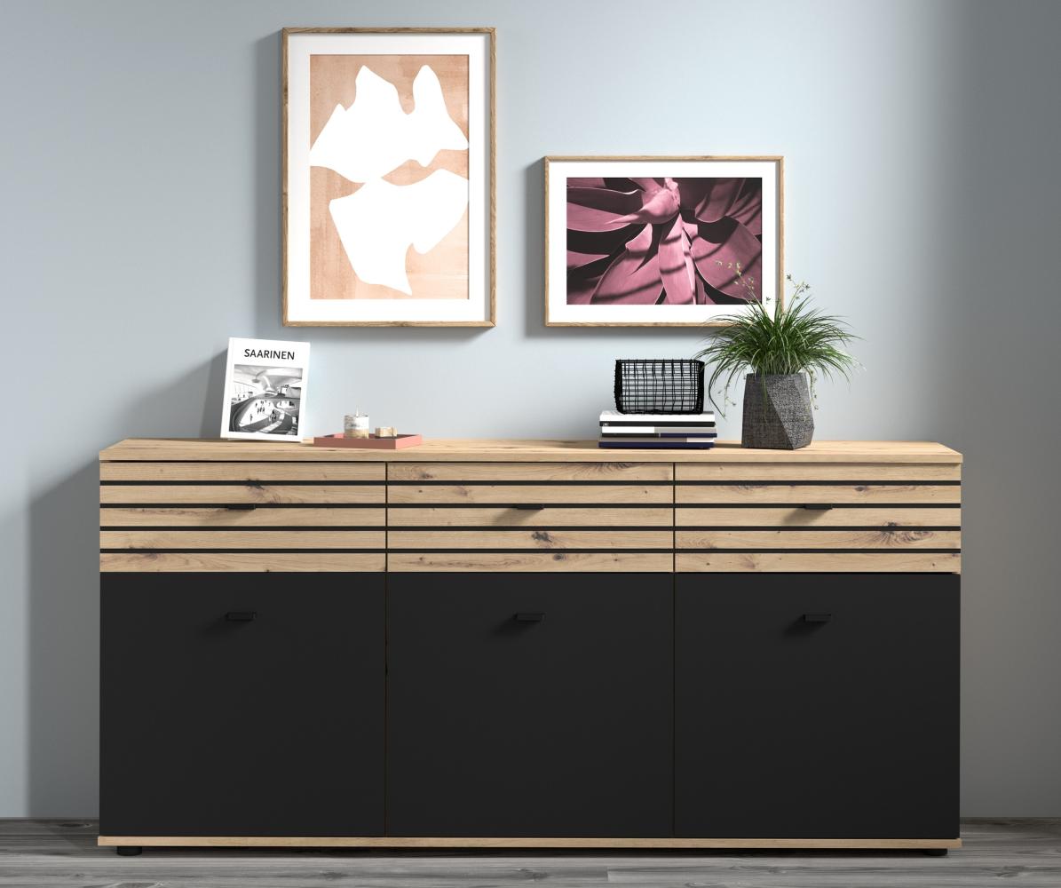 Sideboard >SOLEA< (BxHxT: 168x80x38 cm) in Schwarz/Dekor Lamellen Artisan Eiche Bild 1