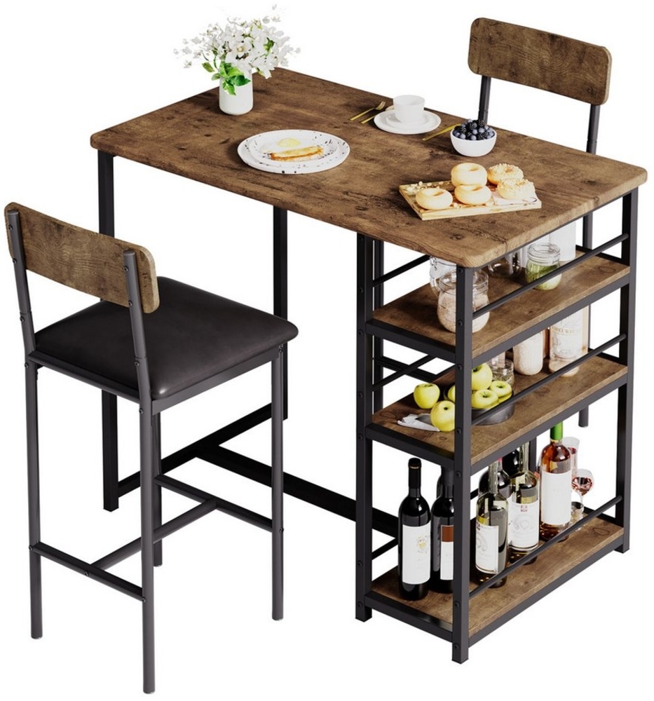 GarveeMore Essgruppe Ktichen Tisch mit 2 Stühlen für Küche & Esszimmer, Bartisch Esstisch mit 2 Gepolsterter Sitz und 3 Ablagen Bild 1