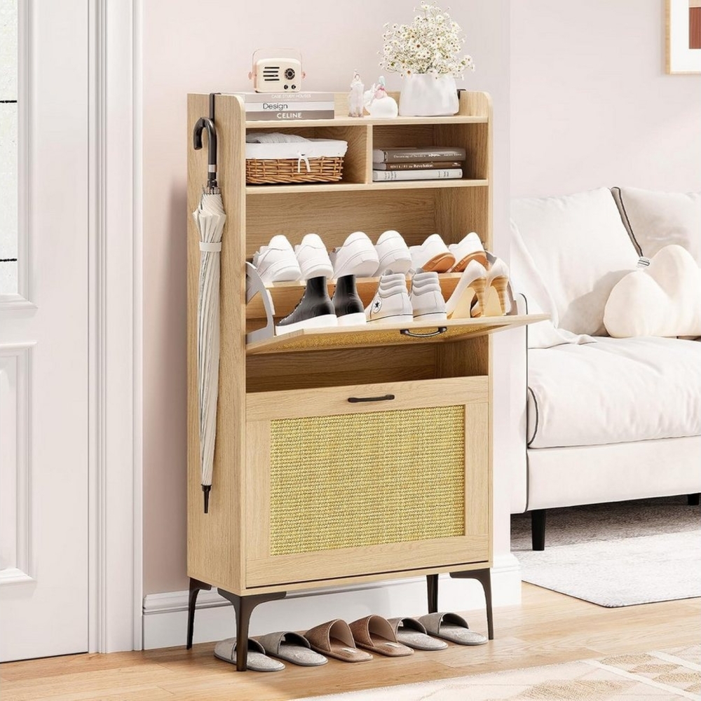 Dripex Schuhschrank mit Rattan-Dekoration, 2 klappbare Schubladen, 60/80cm Bild 1