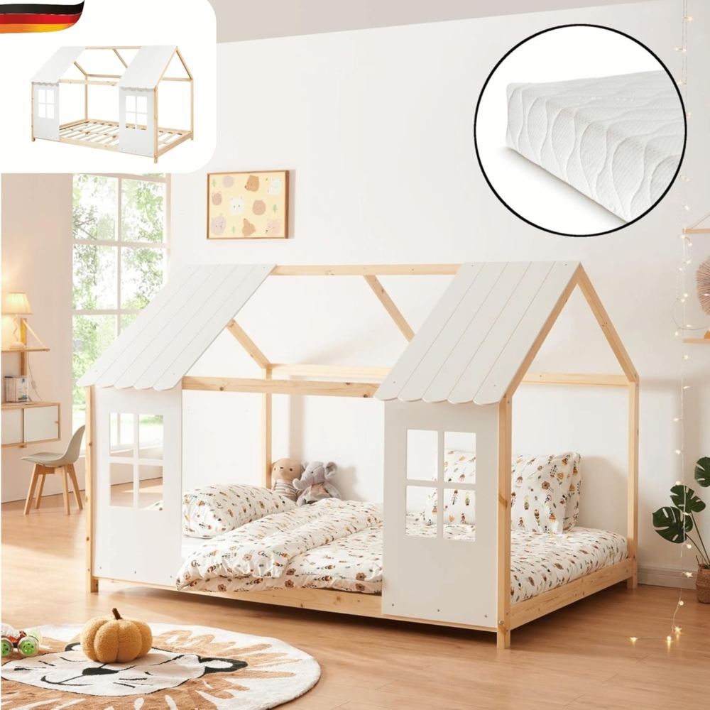 DELUKE® Kinderbett 140x200 GELO - mit Matratze Lattenrost Rausfallschutz Haus-OptikEinzelbett aus Holz Hausbett Kinderzimmer Montessori Bett Braun Bild 1