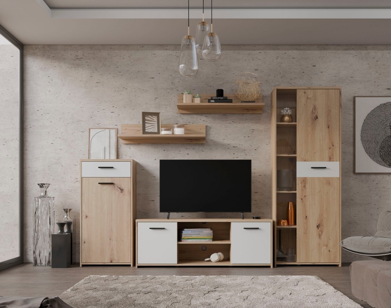 FORTE Wohnwand Pablo, (5-St), Wohnwand 5teilig, Stauraum, Funktionalität, Artisan Eiche/Weiss Bild 1