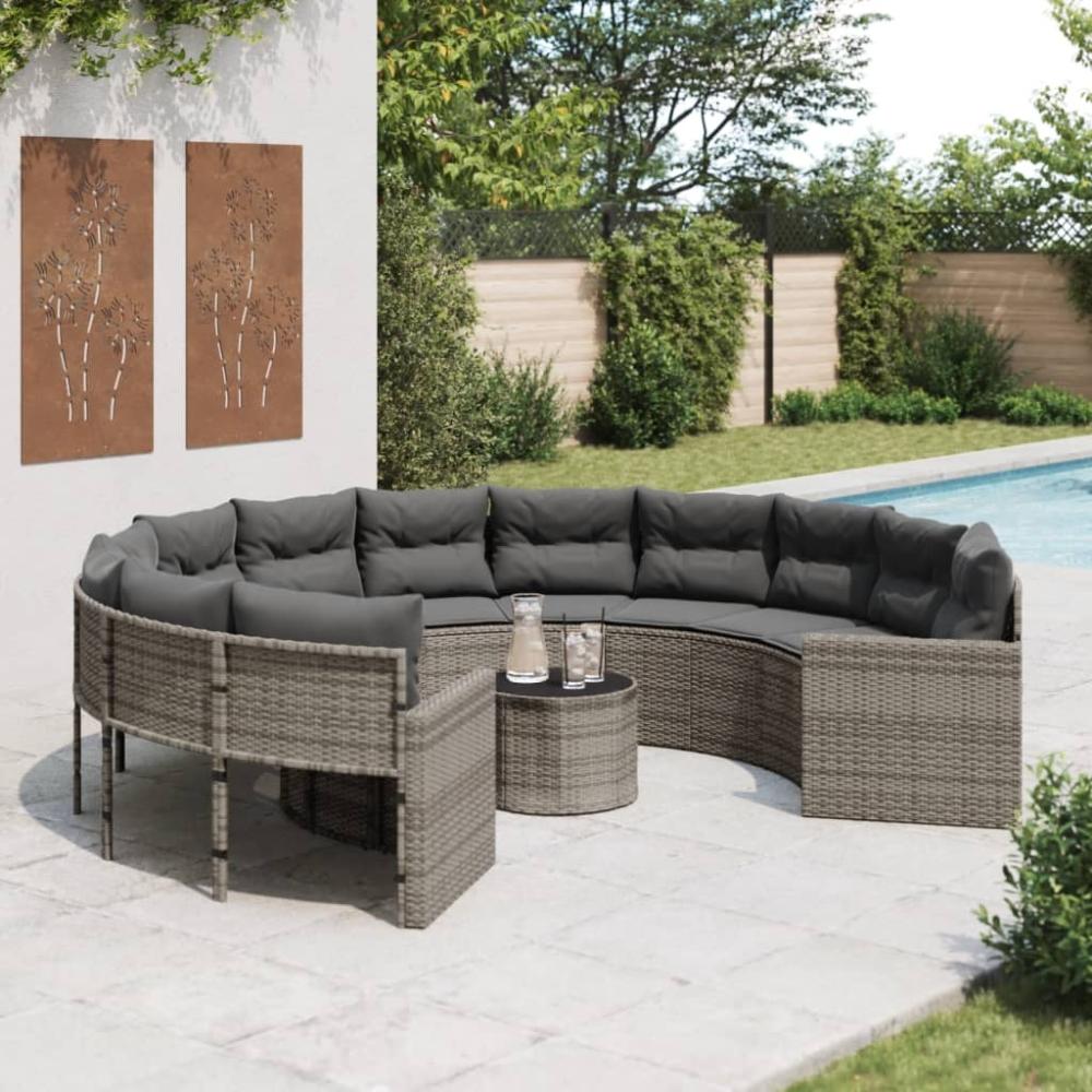 vidaXL Gartensofa mit Tisch und Kissen Rund Grau Poly Rattan 3318536 Bild 1