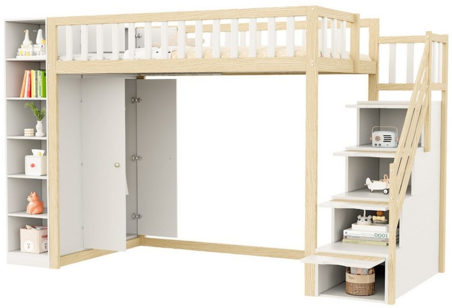 MODFU Hochbett Funktionsbett,Stauraumbett,Einzelbett,Kinderbett (Multifunktionales Hochbett,mit Regalen, Stauraum,für Kinderzimmer & Jugendzimmer, Platzsparend mit großem Kleiderschrank und Ablagefächern, Massivholz, bis 120 kg, 90x200cm) ohne Matratze Bild 1