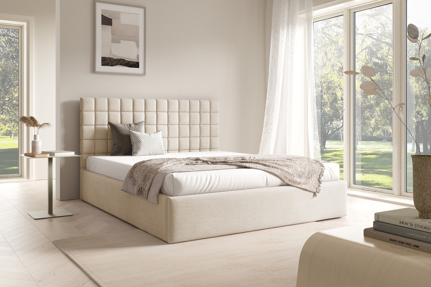 MEBLINI Polsterbett 160x200 mit Lattenrost ohne Matratze – BALEARO – Beige Samt – Doppelbett mit Bettkasten - Stauraumbett - Kopfteil Bett mit Stauraum Bild 1