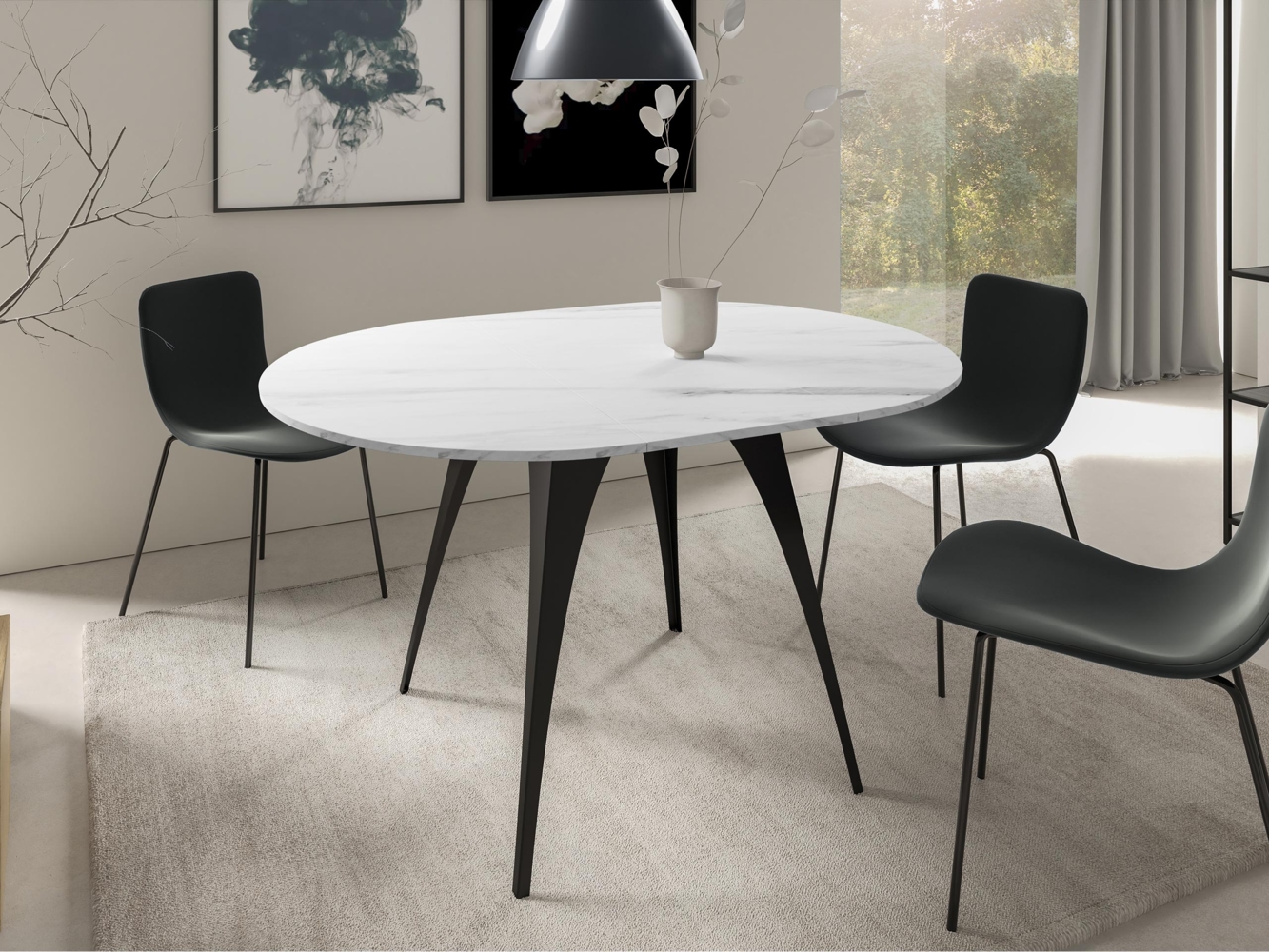 Esstisch Calliso 100, Ausziehbarer, Beine aus Stahl (Farbe: Schwarz / Bianco Marmor) Bild 1