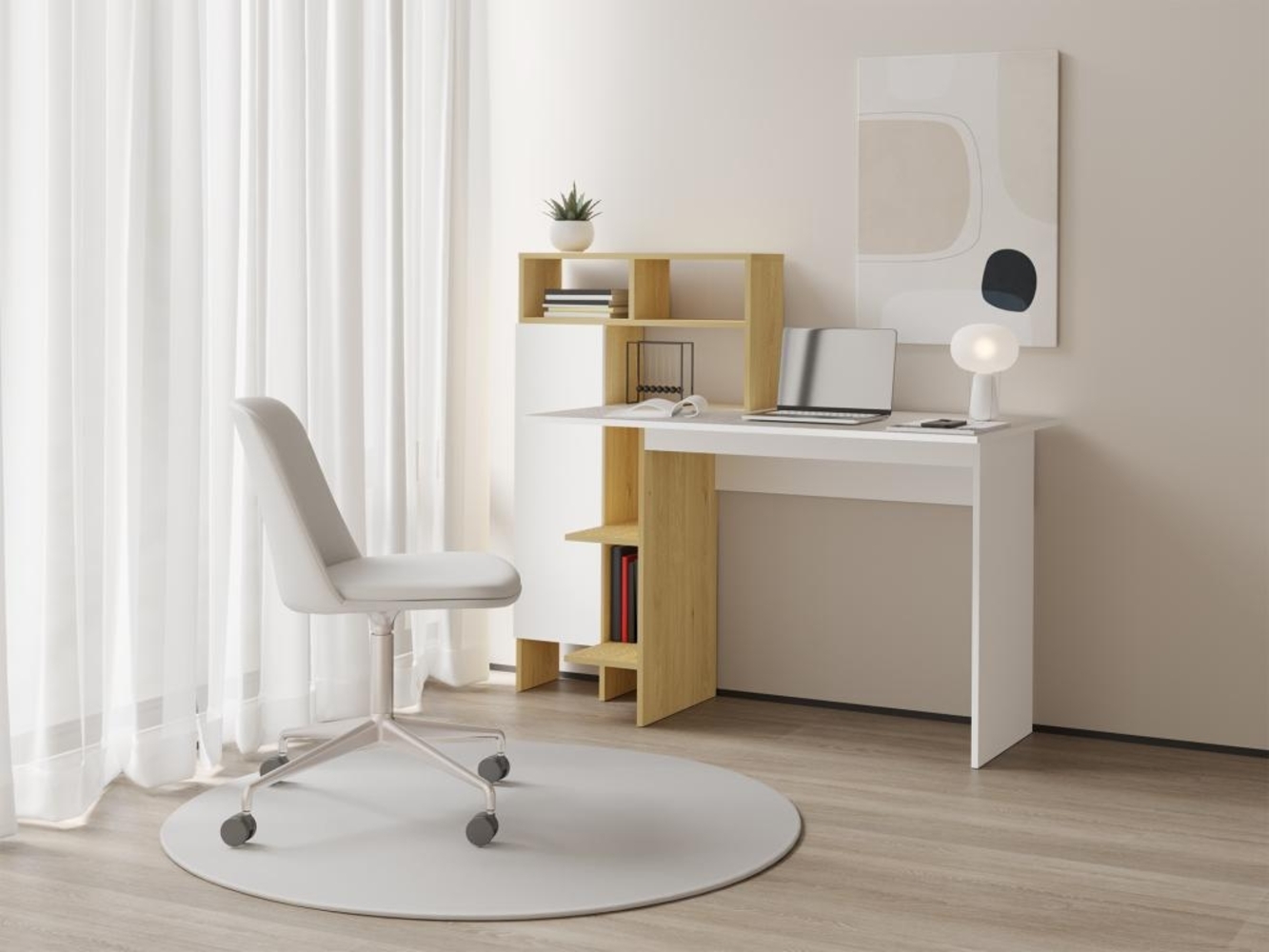 Vente-unique - Schreibtisch mit 1 Schrank & 4 Ablagefächern - Weiß & Holzfarben - MONTOLANIA Bild 1