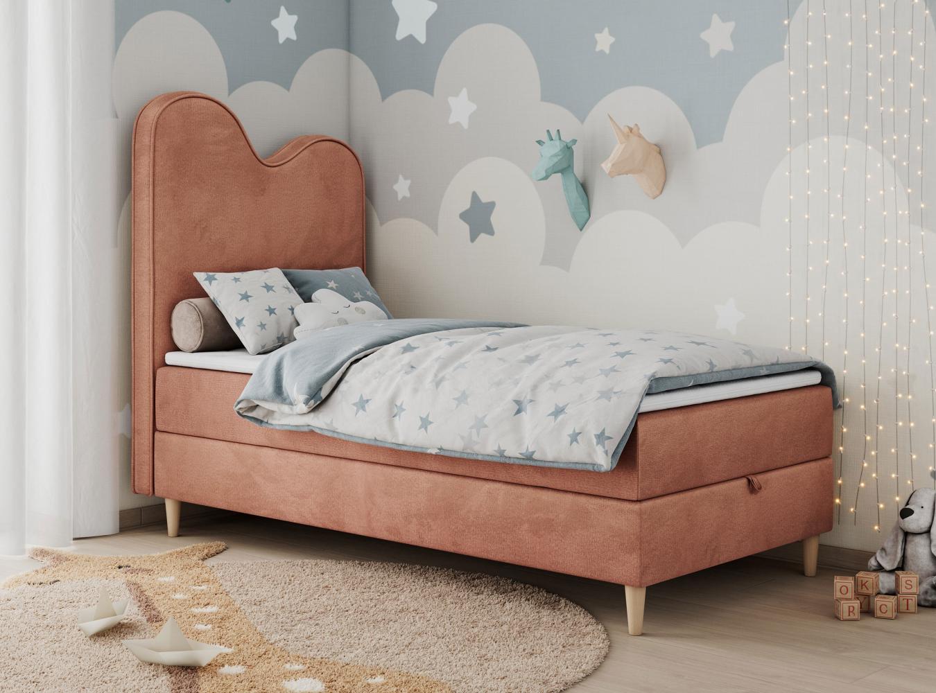 Kinderbett FLOW, Boxspringbett für Kinder, mit hohem Kopfteil, Einzelbett mit Matratze - 90x160 - Orange Velours - Topper Visco Bild 1