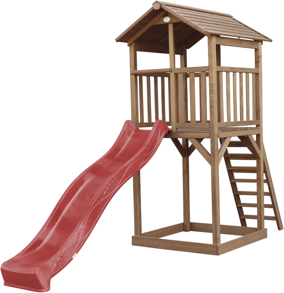 AXI Beach Tower Spielturm aus Holz in Braun Spielhaus für Kinder mit roter Rutsche und Sandkasten | Braun, rot | Holz | 349 cm Bild 1