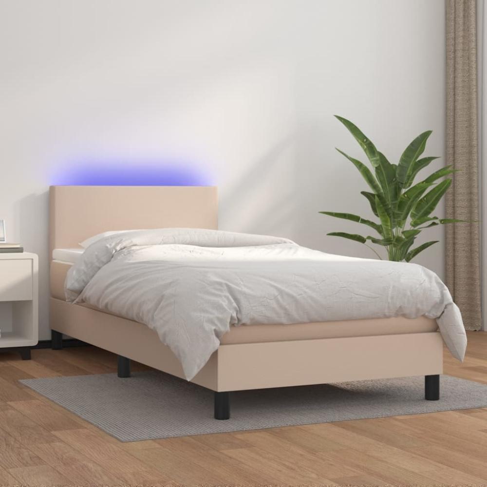 vidaXL Boxspringbett mit Matratze & LED Kunstleder Braun 90 x 200 cm, Härtegrad: H2 [3134086] Bild 1