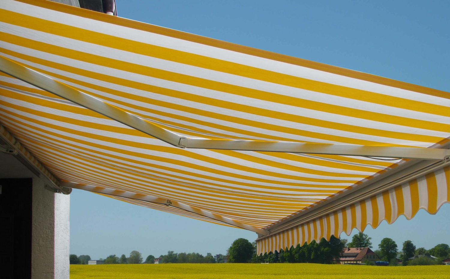 Elektrische Kassetten-Markise T124, Vollkassette Volant 5x3m ~ Polyester Gelb/Weiß Bild 1