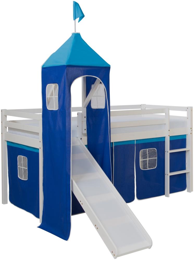 Homestyle4u Spielbett mit Turm und Rutsche, Kiefernholz blau, 90x200 cm Bild 1