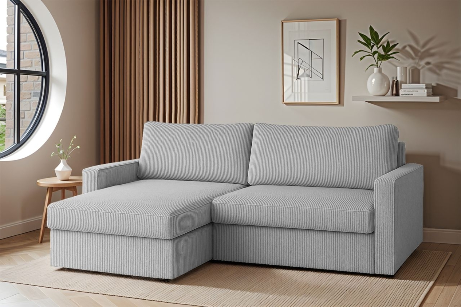 Ecksofa Sofa mit Schlaffunktion BENDIK Stoff Poso Hellgrau Ottomane Links Bild 1