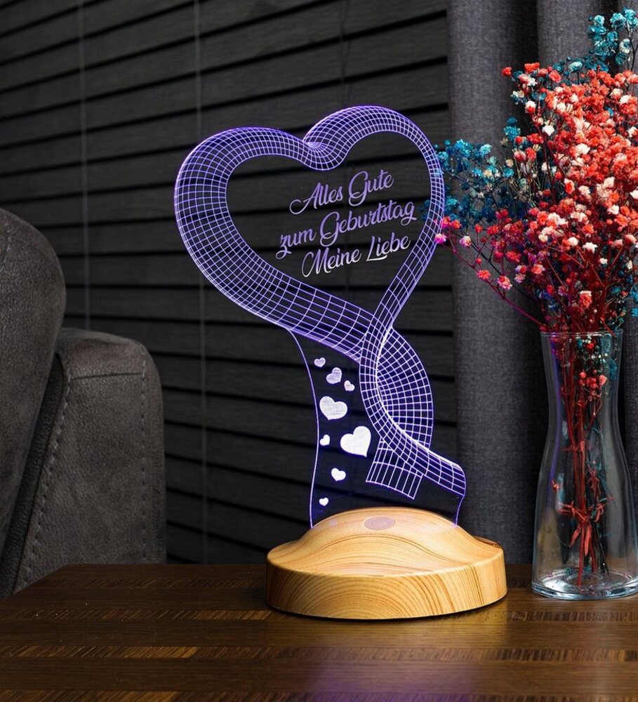 Geschenkelampe LED Nachttischlampe Ein Herz 3D Gravur mehrfarbige Geburtstagsgeschenk, Leuchte in 7 Farben fest integriert, Geburtstag Geschenk für, Partnerin, Ehefrau, Freundin Bild 1