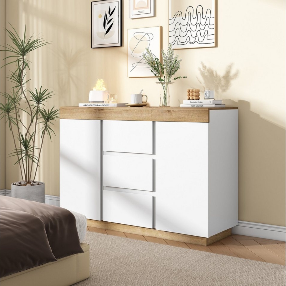 Flieks Kommode, Nachtschrank Sideboard mit 3 Schubladen und 2 Türen 120.5x40.2x82.5cm Bild 1