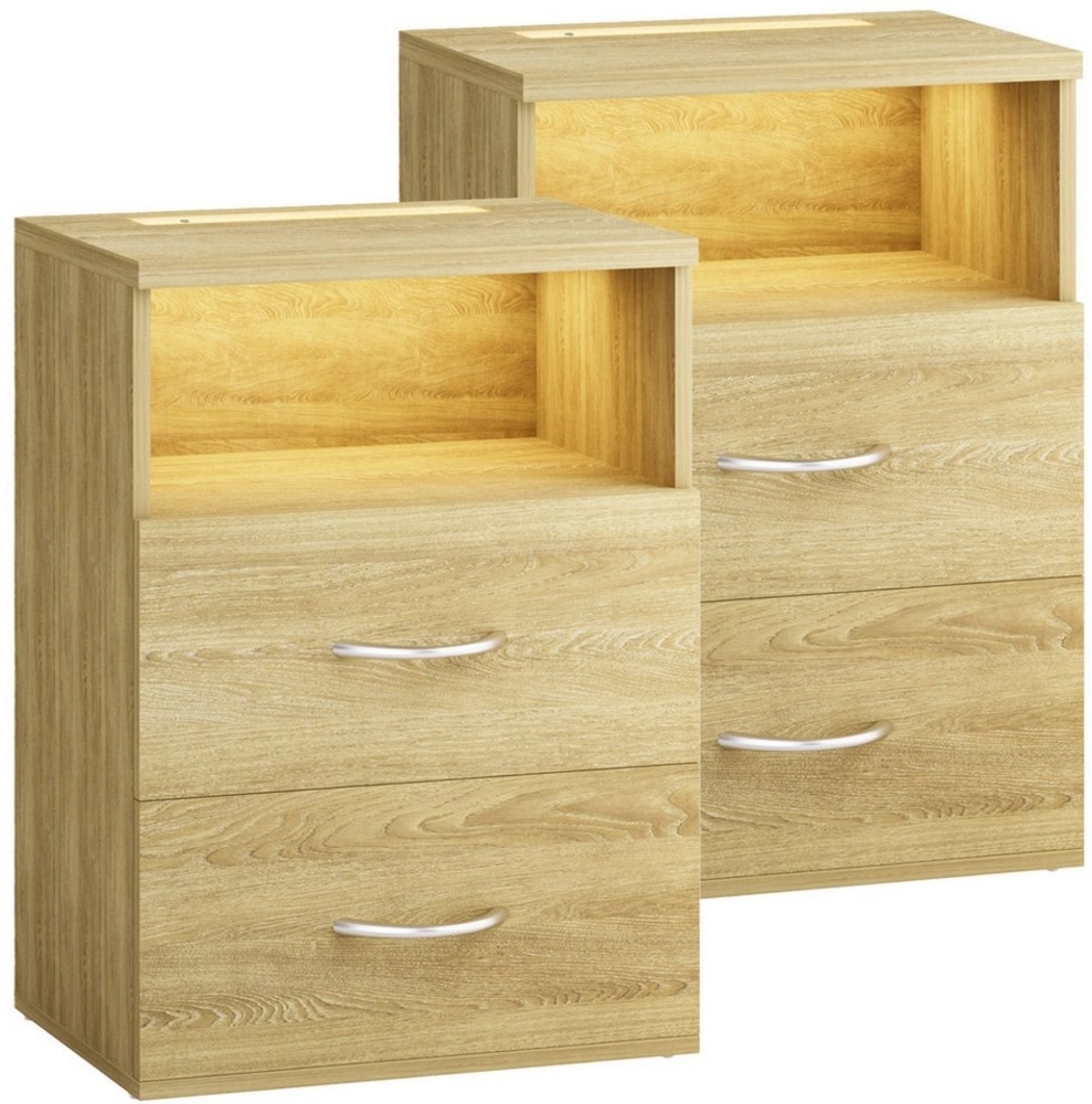 Casaria® Nachttisch 2er Set Touch LED Beleuchtung 40 x 28 x 55 cm Holz 2 Schubladen Boxspringbett Schlafzimmer Wohnzimmer Beistelltisch Nachtschrank Eiche Bild 1