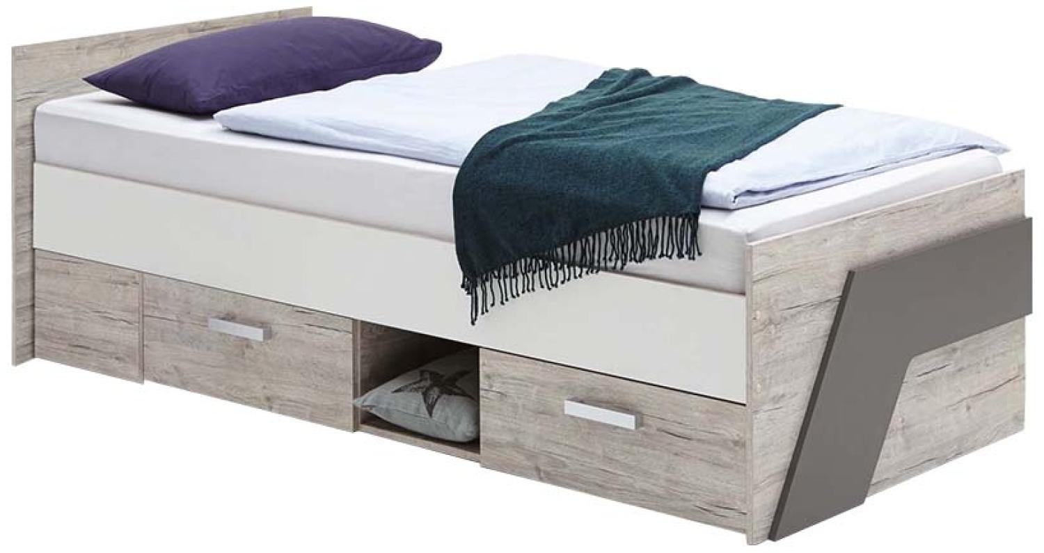 FMD Möbel - NONA 1 - Bett mit 2 SK - melaminharzbeschichtete Spanplatte - Sandeiche Nb/weiß/Lava - 204,5 x 69,5 x 96cm Bild 1