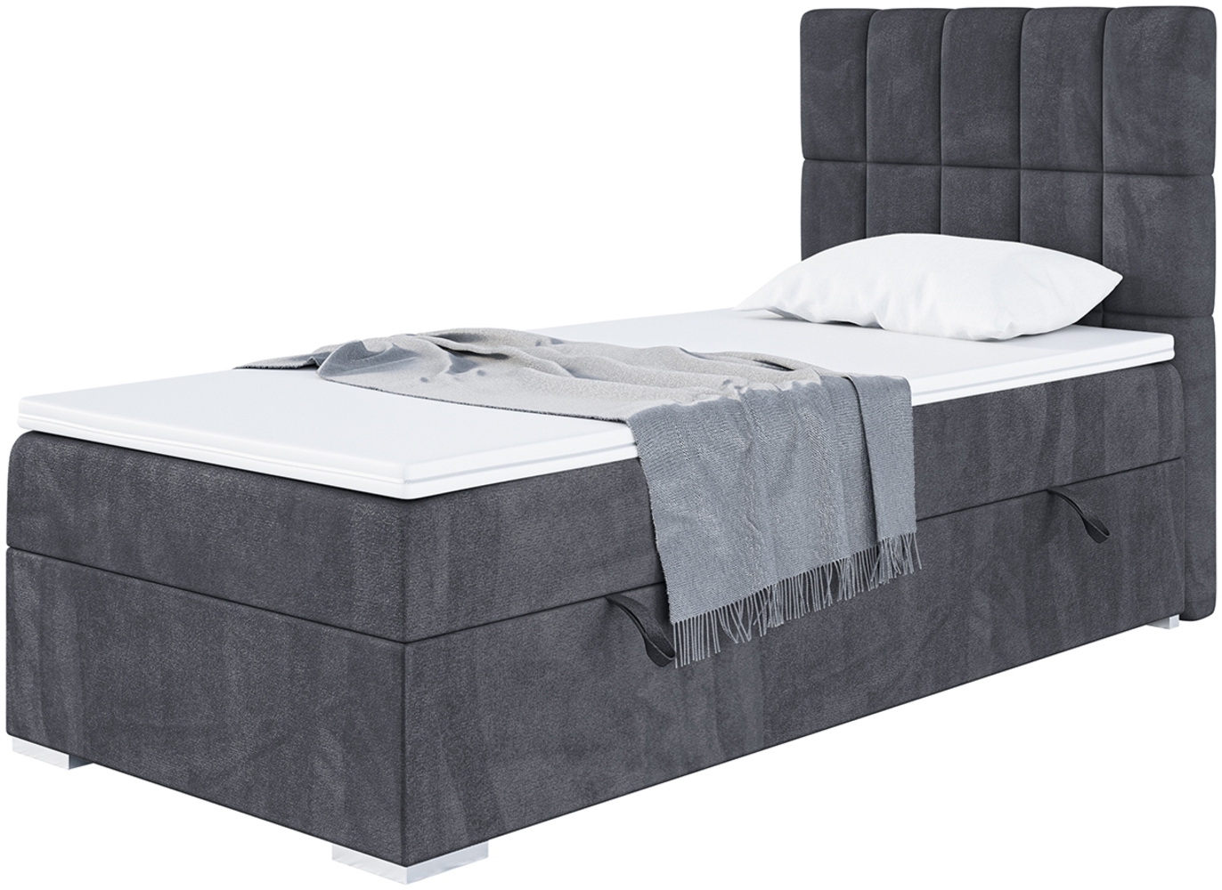 MEBLINI Boxspringbett LUKAS 100x200 cm mit Bettkasten - H3/Dunkelgrau Samt Gepolstert Einzelbett mit Topper & Taschenfederkern-Matratze - 100x200 Rechts Bild 1