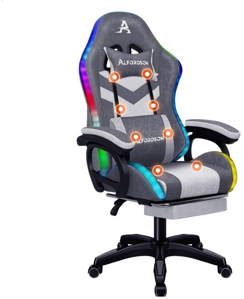 ALFORDSON Gaming-Stuhl mit 8-Punkt-Massagefunktion, mit RGB-Beleuchtung, mit Lendenwirbelstütze und Kopfstütze, Stoff, Hellgrau Bild 1