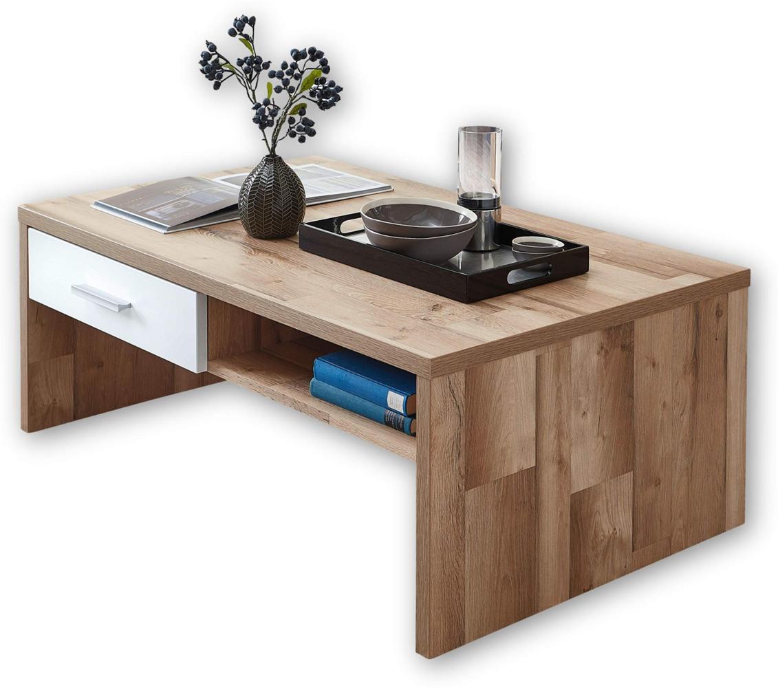 Stella Trading TEXAS Couchtisch in Yaki Oak Optik, Weiß matt - hochwertiger und ausdrucksstarker Sofatisch für Ihren Wohnbereich - 110 x 40 x 65 cm (B/H/T) Bild 1