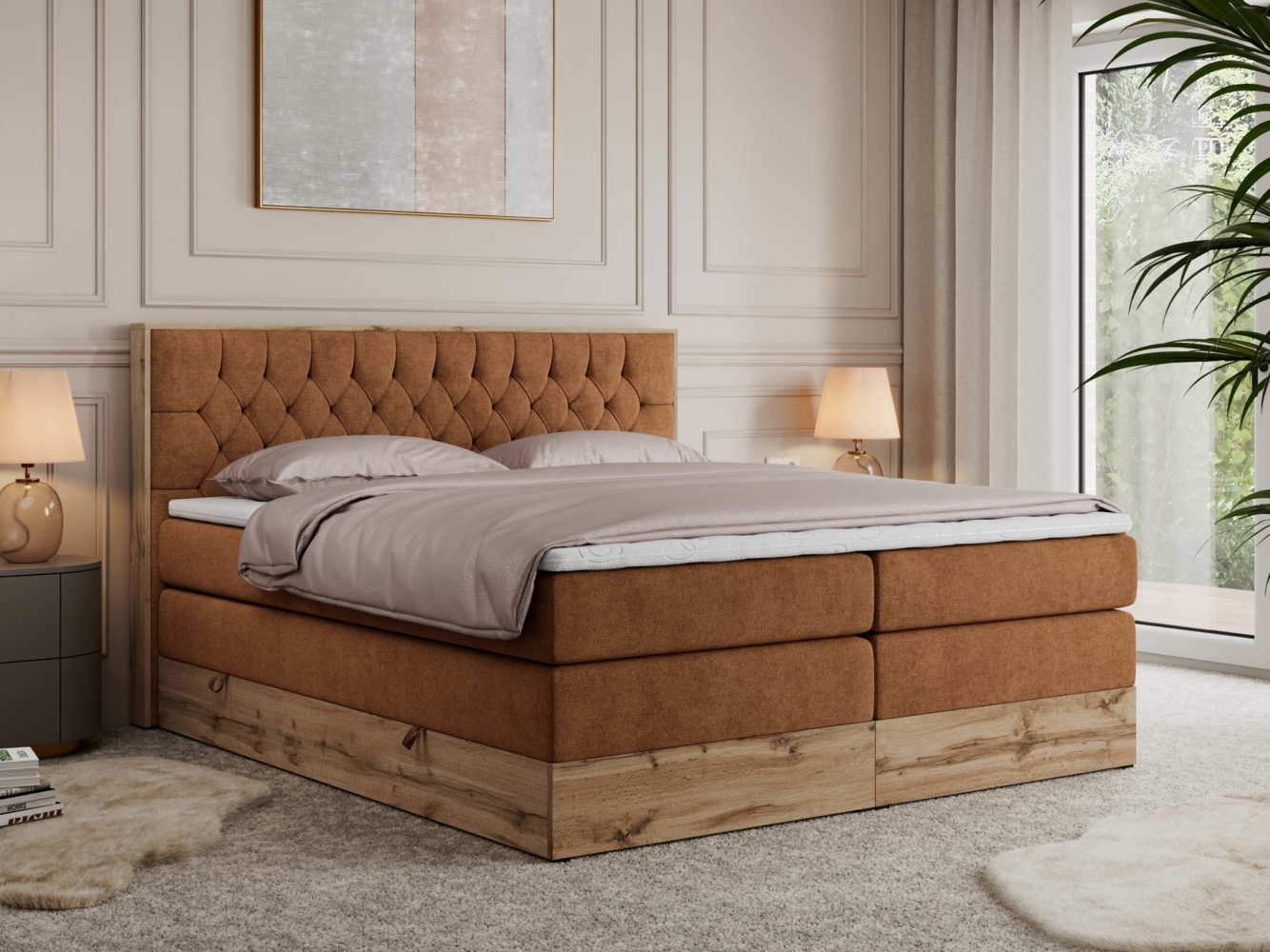 Boxspringbett AMORE KING, Doppelbett mit Multipocket-Matratze, Polsterbett mit Kopfstütze - 160x200 cm - Orange Stoff - H4 Bild 1