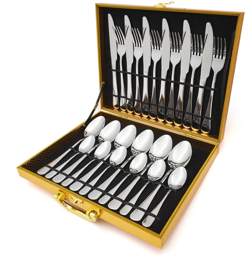 [Besteckset 24 tlg. [Wooden Box] in verschiedenen Farben] glänzendes Edelstahlbesteck für. 6 Personen Messer, Gabel, Löffel Cutlery Set mit Geschenkbox Silber Bild 1