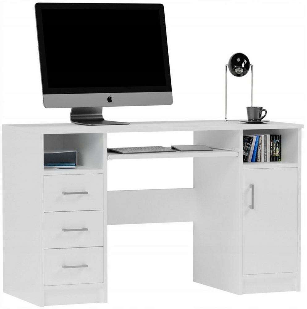 Home Collective Schreibtisch mit 3 Schubladen, Tastaturablage und Tür, 120x50x73 cm, Weiß Bild 1