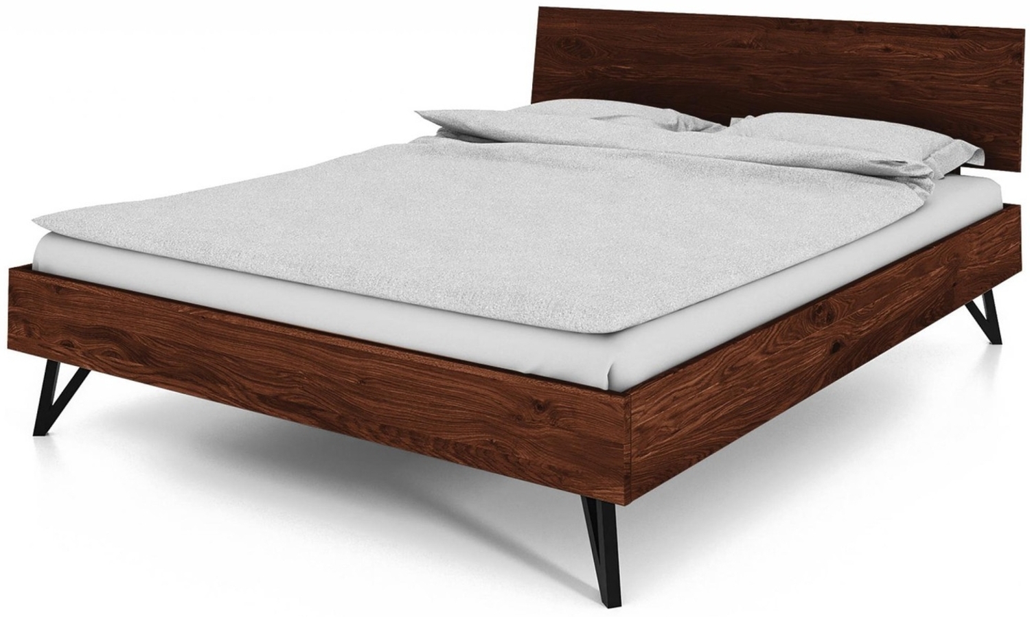 Bett Rolo 200x200 cm Wildeiche choco massiv mit Holzkopfteil und Metallbeinen Bild 1