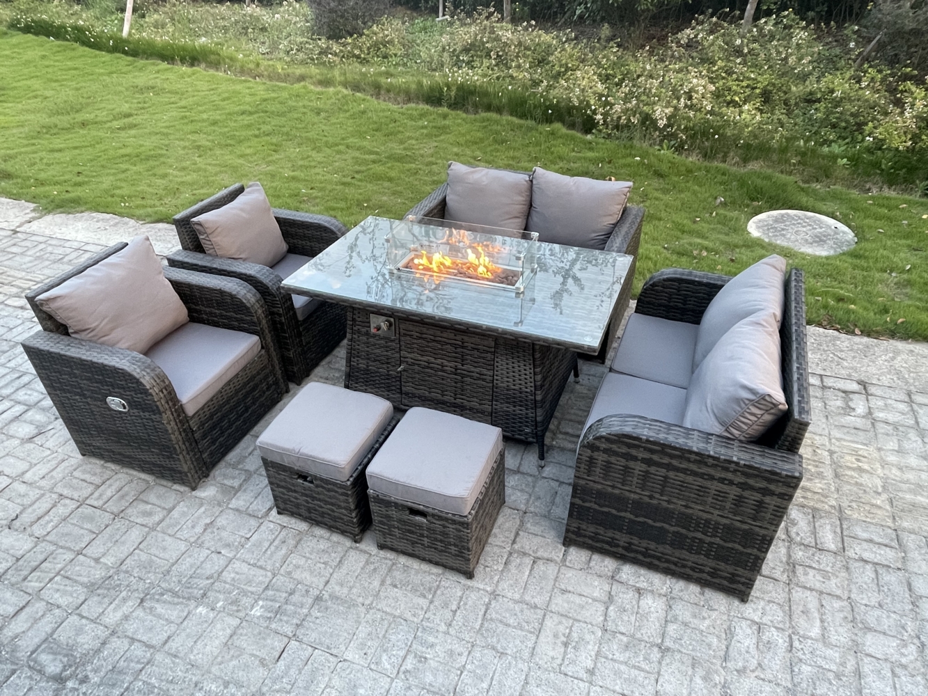Fimous Outdoor Rattan Gartenmöbel Set Sitzgruppe Lounge Sofa Set Gas Feuerstelle Esstisch Sets 2 Sitzende Vorsitzende 2 Sitzer Love Sofa Hocker 8 Sitzer Bild 1