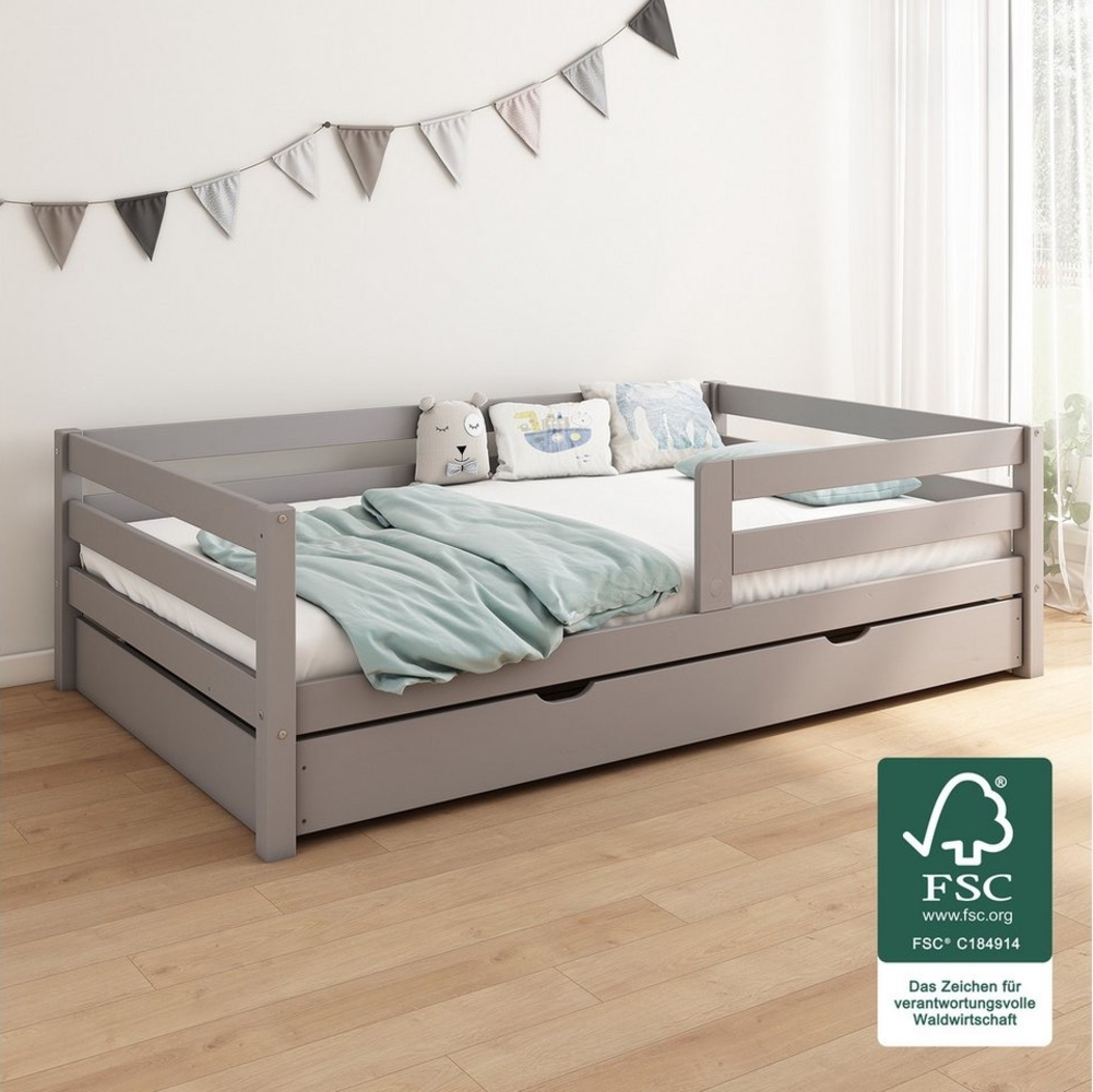 Ehrenkind Kinderbett Sona aus massivem Kiefernholz mit Rausfallschutz (Jugendbett in weiß, Kinder Bett), Kinderbett 120x200 cm Bild 1