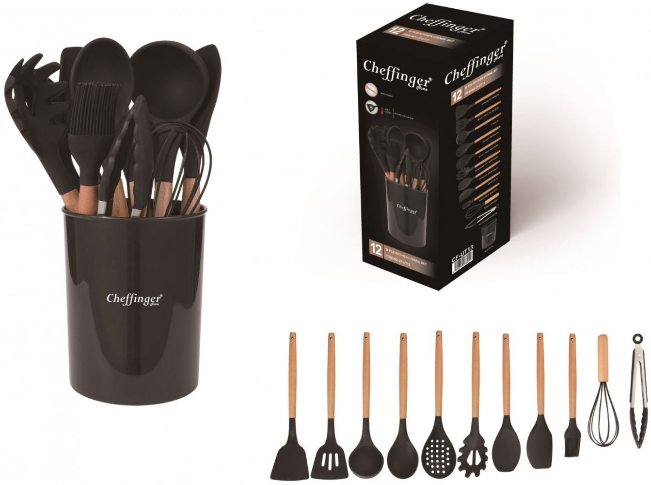 Küchenhelfer Küchenutensilien Set mit Ständer 12-tlg. schwarz Cheffinger UT-13 Bild 1