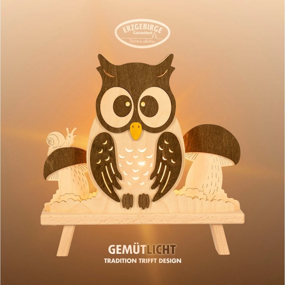 Weigla Dekolicht Eule, Dekolampe aus Holz, NATUR-BRAUN, Made in Germany, Leuchtmittel wechselbar, Erzgebirge garantiert, Herbstdeko innen, Tischlampe Bild 1