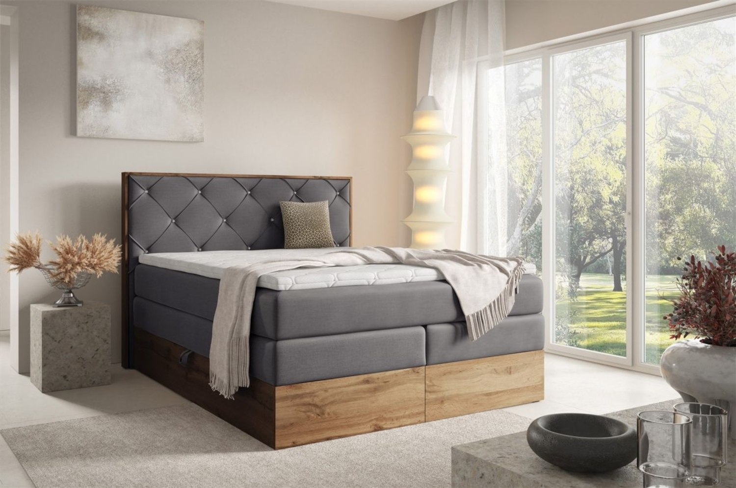 Boxspringbett Schlafzimmerbett NAVEL 200x200cm in Stoff Rouge Dunkelgrau Bild 1