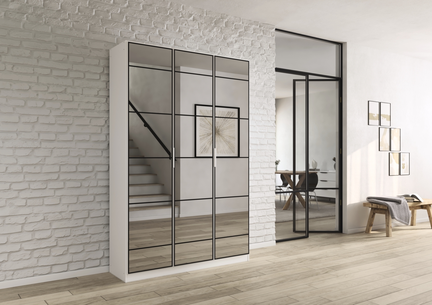 rauch Acero, Garderobenschrank in moderner Loft-Optik, 3-türig, 3 Glastüren, mit 8 Einlegeböden, Farbe Weiß, BxHxT 136x210x41cm Bild 1