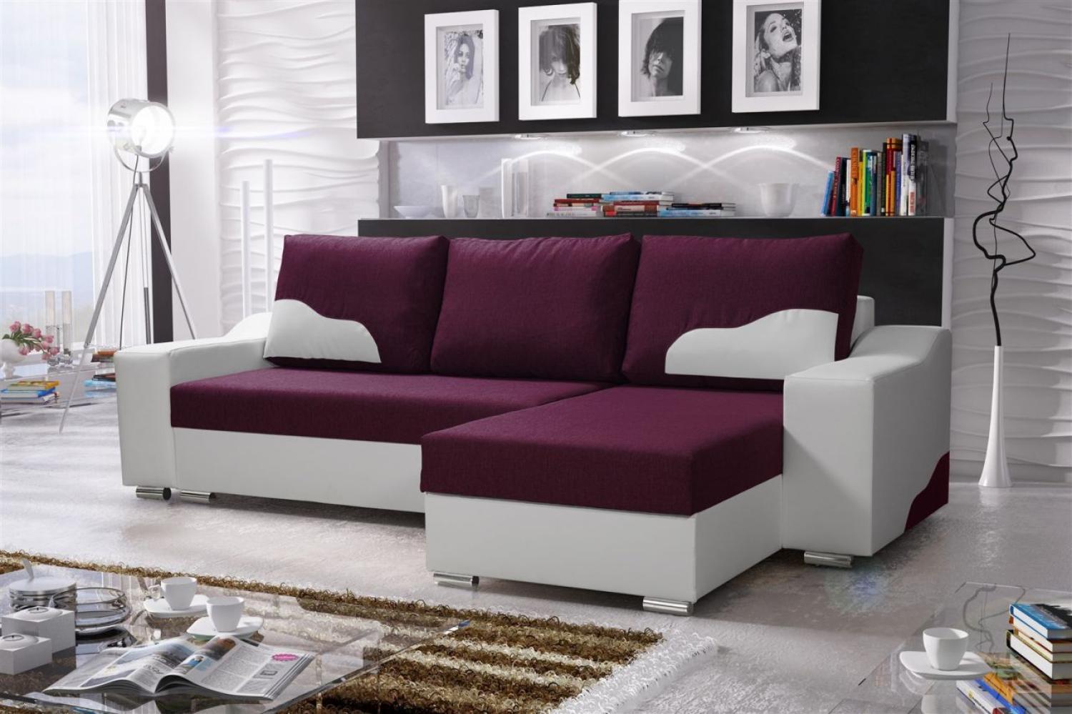 Ecksofa Sofa COLLIN mit Schlaffunktion Weiß / Violett Ottomane Rechts Bild 1