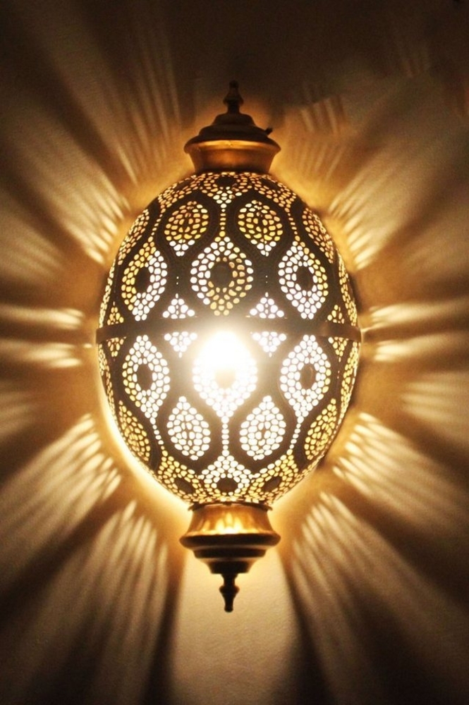 Marrakesch Orient & Mediterran Interior Wandleuchte Wandlampe Afzal Metall Goldantik Marokkanisch, H 47cm Handarbeit, ohne Leuchtmittel, Handarbeit Bild 1